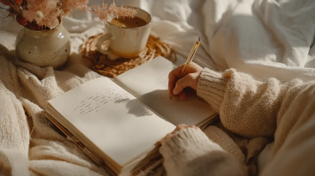 Mano escribiendo en un diario con luz cálida de la mañana, momento de claridad y calma interior.