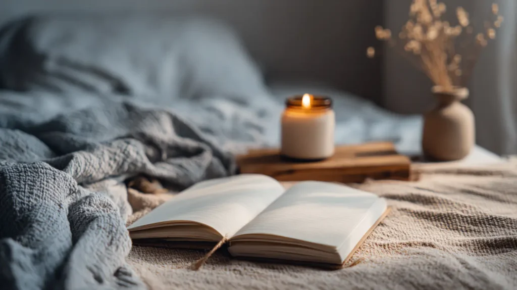 Espacio minimalista con diario y vela que transmite calma y claridad emocional.