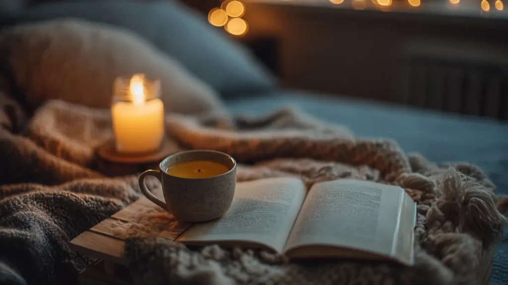 Rutina nocturna con luz cálida, té e introspección antes de dormir.