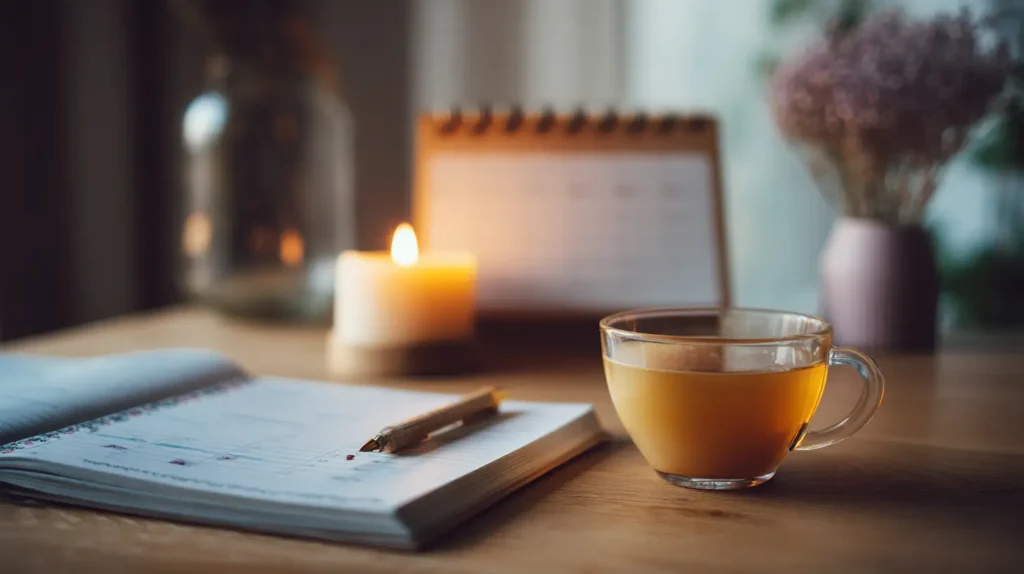 Espacio emocional de domingo con cuaderno, luz cálida y calma antes de la semana.