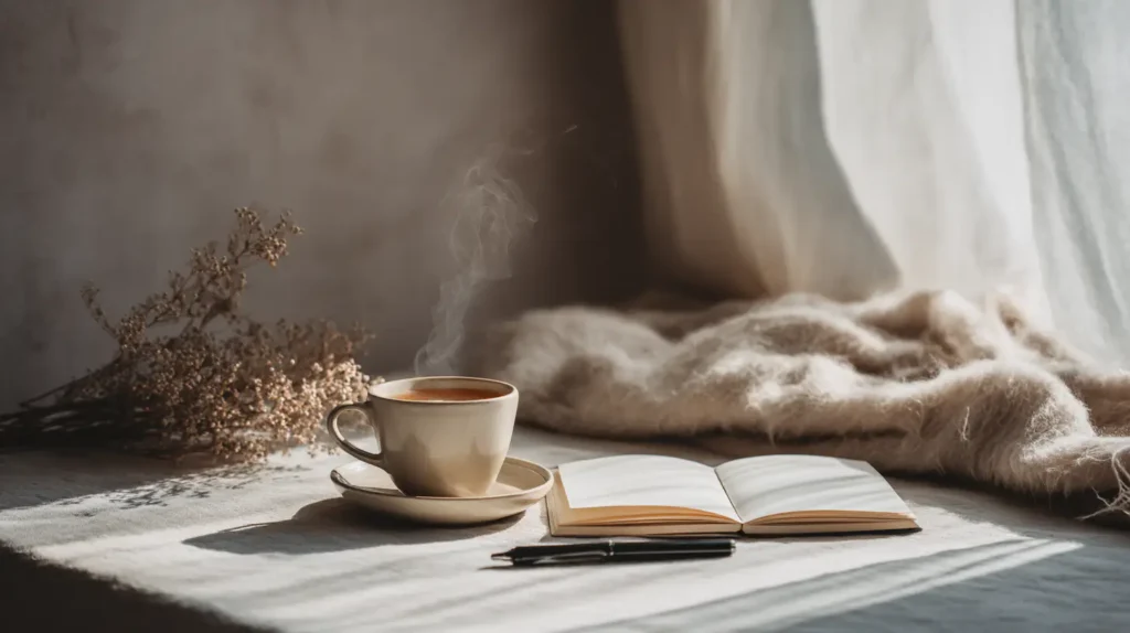 Espacio de autocuidado con luz suave, taza de té, manta y cuaderno: calma sin gastar.