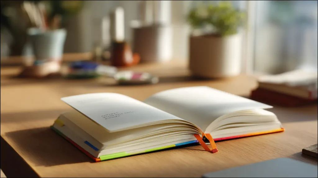 Cuaderno con planificación emocional simple en escritorio cálido y tranquilo.