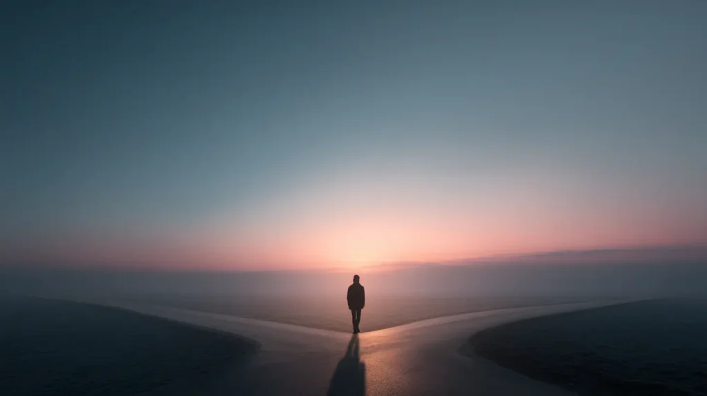 Persona en una encrucijada emocional bajo luz suave, símbolo de decisiones importantes desde la calma.